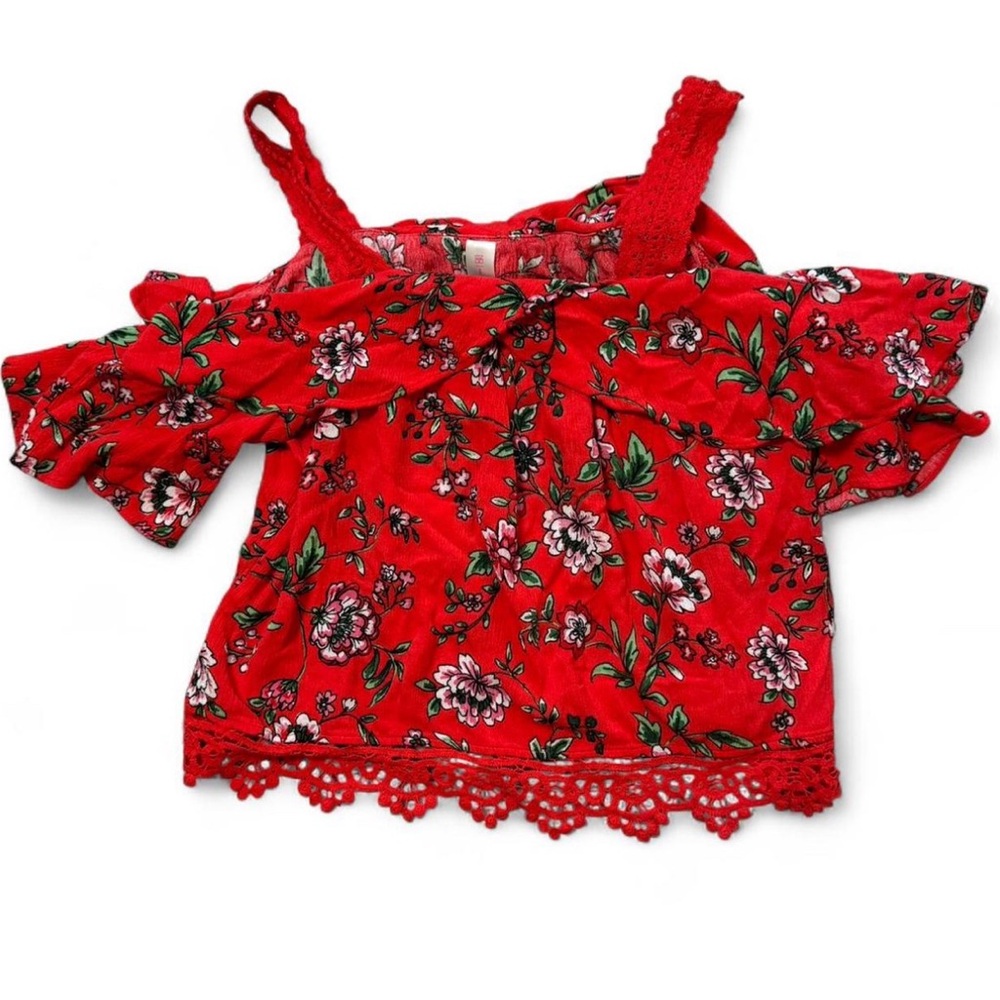 No Boundaries Red Cold Shoulder Floral Top